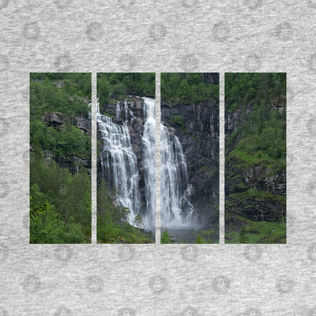 Wonderful landscapes in Norway. Hordaland. Beautiful scenery of Skjervsfossen waterfall from the Storelvi river on the Hardanger scenic route. Mountains, trees in background. Rainy day by fabbroni-art